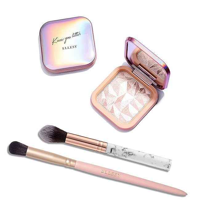 Face Highlighter Makeup Palette Kit, Shimmer Glitter Highlight Contouring Palette Natural Nude Shiny Contour Highlight Makeup Illuminator Highlighter Concealer Palette with brush (Champagne Gold)