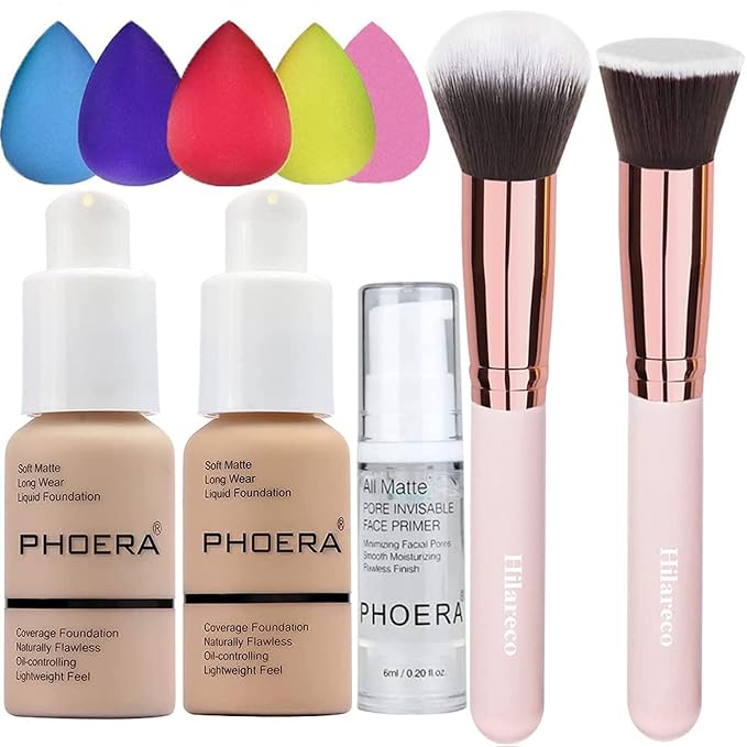 PHOERA Foundation 102 and 104 & Face Primer,Liquid Full Coverage Foundation Set,Foundation Brush Powder Brush,5 Makeup Sponge,30ml PHOERA 24HR Matte Oil Control Concealer (102 Nude + 104 Buff Beige)