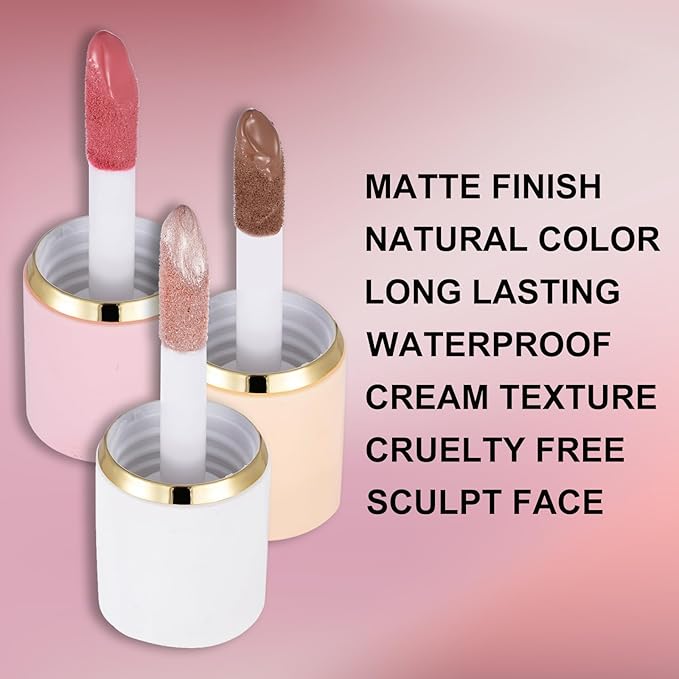 3Pcs Liquid Contour Makeup Trio with Bronzer Shade, Blush, Highlighter for Sculpted Makeup, Matte Finish Liquid Contour Set Easy to Create a Lightweight Look, Longwear Waterproof Formula (2, 8, 13)