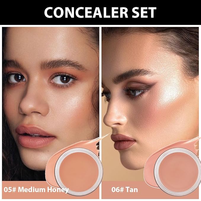 Kaely 2Pcs Pot Concealer Full Coverage Set,under Eye Brightener Concealer for Conceals Dark Circles,Waterproof Foundation Face Makeup Brush Kit,Color Correcting Concealer,05+06