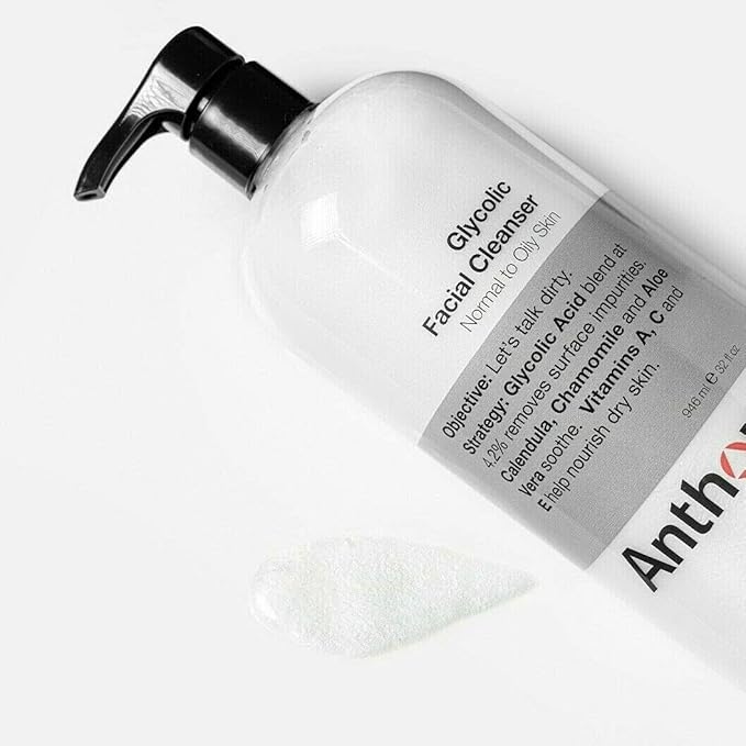 Anthony Glycolic Facial Cleanser for Men, Daily Exfoliating & Hydrating Face Wash, Shave Prep, Non-Foaming, Deep Cleansing, Gentle on Sensitive Skin, Removes Dirt & Oil, Smooths Texture, 32 Fl Oz
