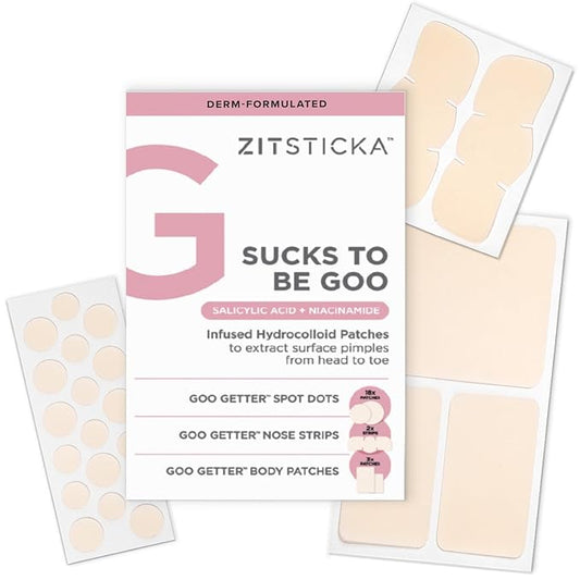 ZitSticka Pimple Patches for Face and Body, Goo Getter Hydrocolloid Patches to Cover Zits & Blemishes, Acne Patches or Zit Spot Stickers, Body Blemish Patch (Sucks to be Goo 23 Pack)