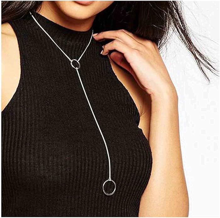 Boho Long Circle Pendant Necklace Silver Y Lariat Necklace Minimalist Y Drop Chain Necklace Jewelry for Women