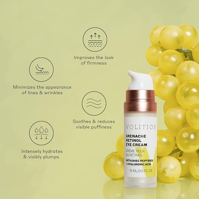 Volition Beauty Grenache Retinol Eye Cream - with Niacinamide & Peptides to Help Improve Look of Crows Feet & Wrinkles (15 ml / 0.5 fl oz)