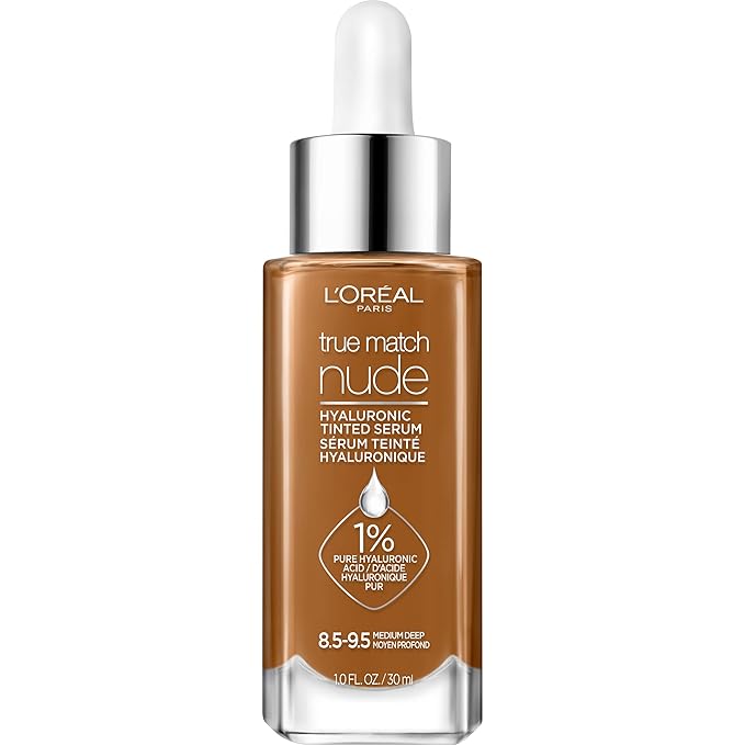 L'Oreal Paris True Match Nude Hyaluronic Tinted Serum Foundation with 1% Hyaluronic acid, Medium Deep 8.5-9.5, 1 fl. oz.