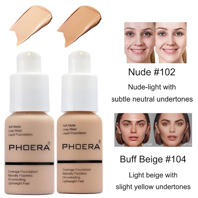 2 Pcs Phoera Foundation Makeup 102 and 104 Liquid Full Coverage 24HR Matte Oil Control Foundation Makeup Concealer (Nude & Buff Beige) with Kabuki Foundation Brush Flat Top