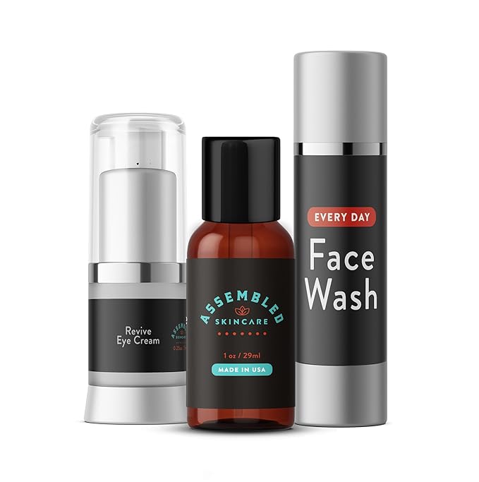 ASSEMBLED Skincare Ultimate Starter Pack (Premium Skin Care set for Men, 3-Piece; Face Wash, Aftershave/Toner, Eye Cream); anti-aging and multi-functional products