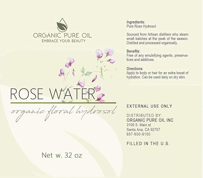 Rose Hydrosol Water - 32 oz - Pure Rose Hydrosol – Hydrating Face Toner Rose Water for Skin and Hair, Linen Spray for Sheets, Room Freshener, Body Spray by Organic Pure Oil - Packaging May Vary