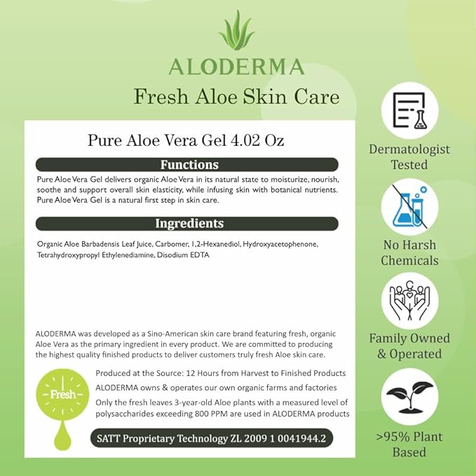 Aloderma 99% Organic Aloe Vera Gel for Face Made within 12 Hours of Harvest - Natural Hydrating Pure Aloe Vera for Soothing Skincare - Moisturizing Aloe Gel for Skin, Face, & Sensitive Skin, 4.02 oz