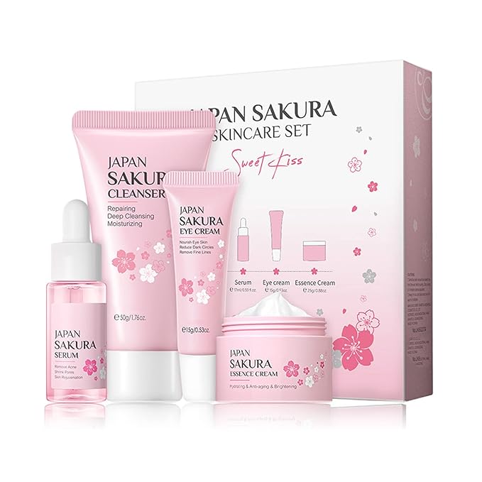 Skin Care Set - Sakura Skin Care Sets & Kits - Women Gift Sets with Cleanser,Serum,Eye Cream,essence Cream - Beauty Products For Women - Skin Care Routine Travel Kit (SetB)