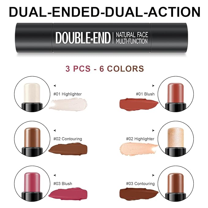 6 Colors Cream Contour Stick Makeup Kit, Shades with Highlighter, Blush and Double-End Bronzer Contour Stick for Sculpt the Cheeks, Long Lasting, Waterproof, Matte & Dewy Finish(SET C)