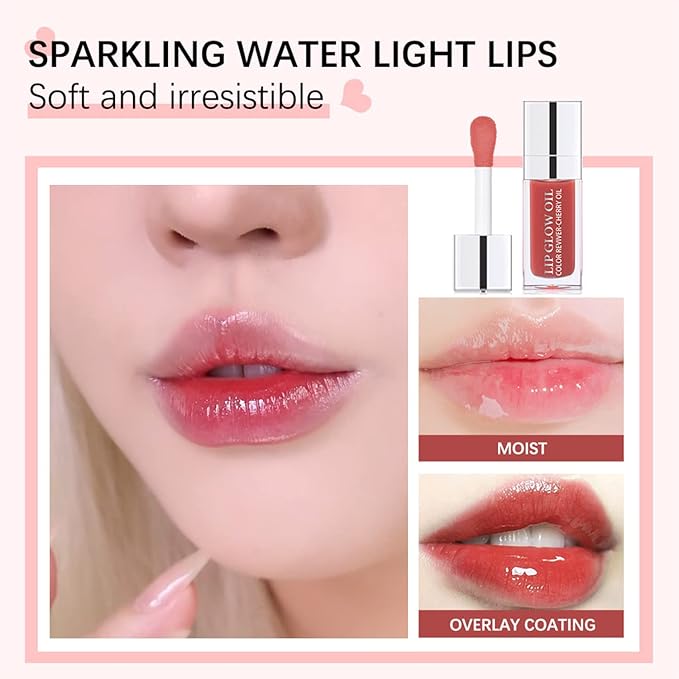 Plumping Lip Oil, Hydrating Lip Glow Oil Cherry, Plumper Lip Gloss Oil Set Clear, Lip Oil Tinted for Lip Care and Dry Lips, Long Lasting Nourishing Lip Glow Oil,Lip Plumper Gloss(001 PINK)