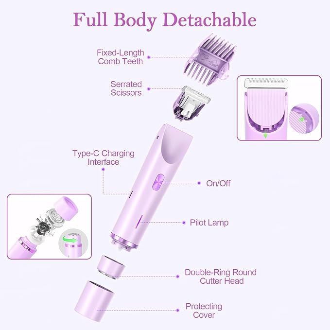 Dermave Bikini Shaver 2.0, 2025 New Glow Aura Bikini Trimmer for Women, 2 in 1 Dual Head Electric Razors for Women, IPX7 Waterproof Wet & Dry Electric Shaver, Portable Body Shaver (Purple)