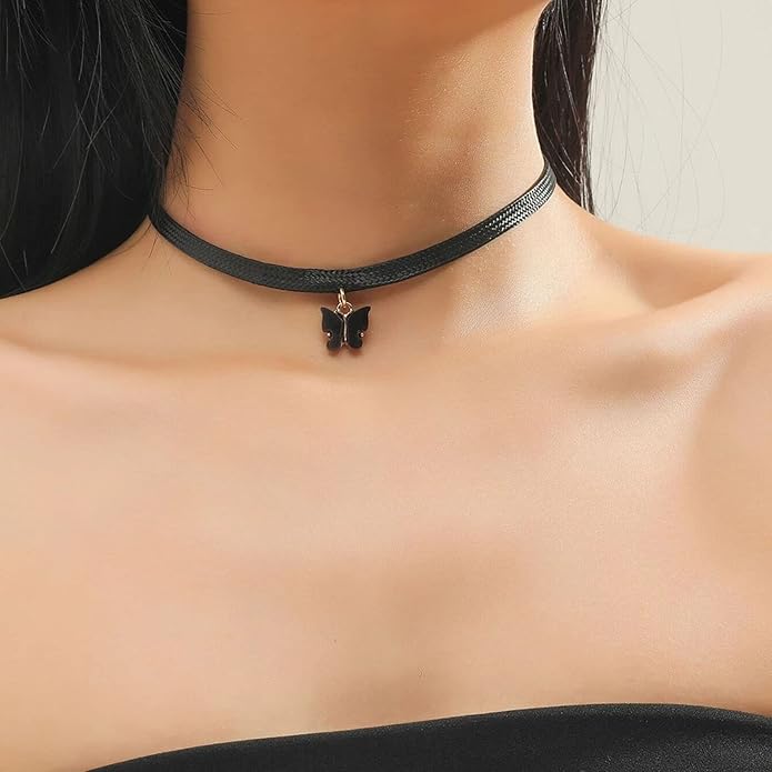 Vintage Black Choker Necklace Chain Goth Leather Choker Butterfly Pendant Necklace Velvet Choker Punk Necklace Rock Statement Butterfly Necklace Charm Jewelry Gift for Women and Girls