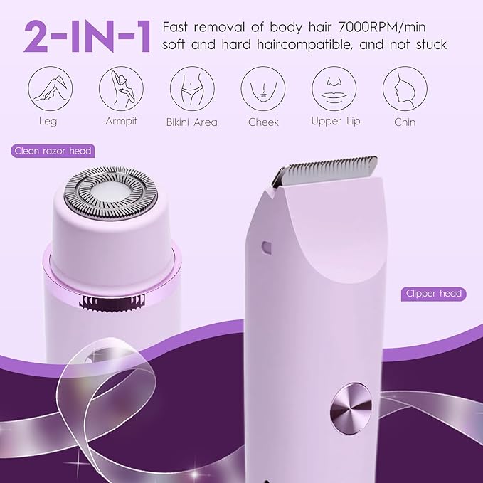 2025 Upgraded Dermave Bikini Shaver - 2 in 1 Bikini Trimmer for Women with LCD Display, Dual Head Cordless Electric Shaver, IPX7 Waterproof Wet/Dry Body Hair Trimmer for Face,Purple