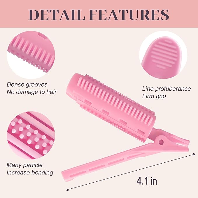 4PCS Volumizing Hair Clips for Root Lift & Volume - Instant Bangs Roller Clips for Effortless Curls & Lift - Velcro Rollers For Hair - Hair Rollers For Women - Pink