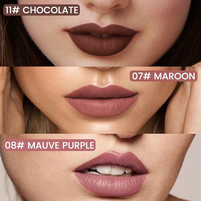 3Pcs Longwear Liquid Lip Liner Stain Marker Pen Set Long Lasting Waterproof, Maroon Mauve Purple Dark Red Brown Matte 24 Hour Lip Liner and Lipstick Combo, Color Stay Lipliner, Lip Stains peel off