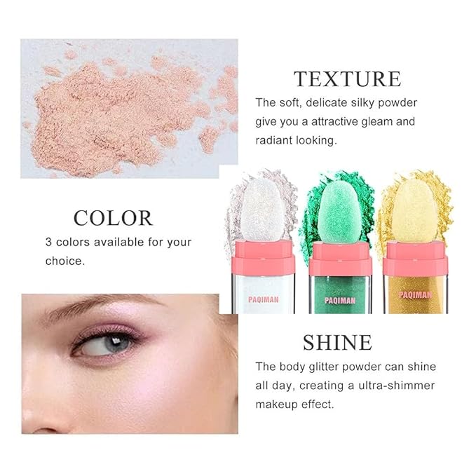 3 Colors Glitter Powder Highlighter Makeup, Body Brightens the Natural Three-Dimensional Face Blusher Fairy Highlight Patting Powder. (01#White Moonbeam/04# Green/05# Gold)