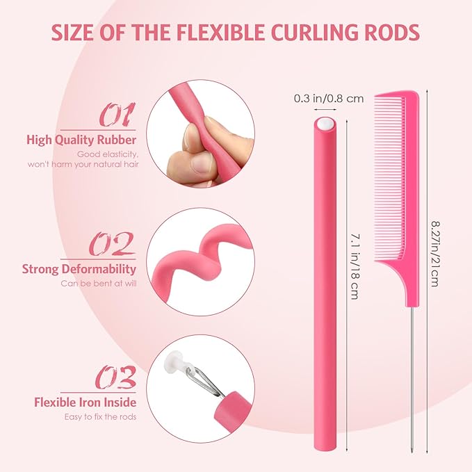 Syhood 30 Pieces Flexible Curling Rods Twist Hair Rollers Soft Foam Rods No Heat and 1 Pcs Steel Rat Tail Comb for Women Long and Short Hair(7 x 0.3 Inch,Pink)