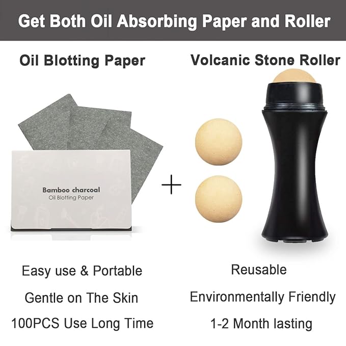 103 PCS Volcanic Roller Oily Skin Oil Control On The Go Volcanic Face Roller Oil Absorbing Volcanic Roller with Oil Blotting Sheet Paper for Oily Skin Care Oil Control Film Tissues(Type1)