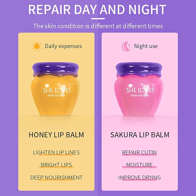 Lip Mask Overnight Lip Sleeping Masks Honey Lip Balm, Fade Lip Lines Bee Lip Balm Honey & Sakura Day and Night Repair Lip Sleeping Masks Honey Lip Balm (Sakura (Night))