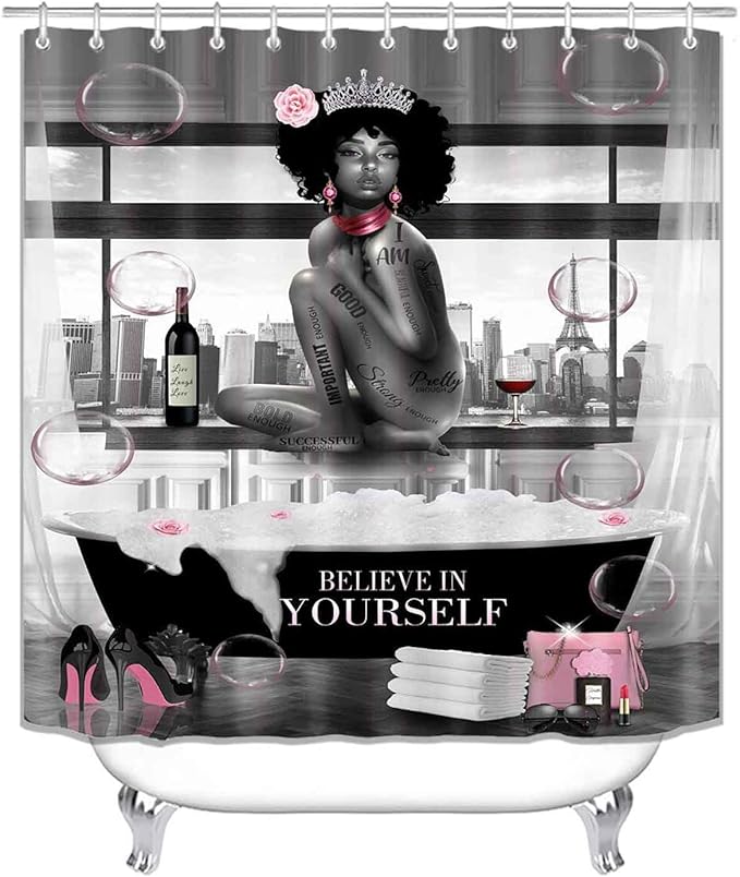 4PCS Sexy Black Girl Shower Curtain Set, Romantic Pink Floral High Heels Bubble Red Wine Afro Lady African American Woman Inspirational Quotes Bathroom Decor, Non-Slip Bath Rugs, Get Naked