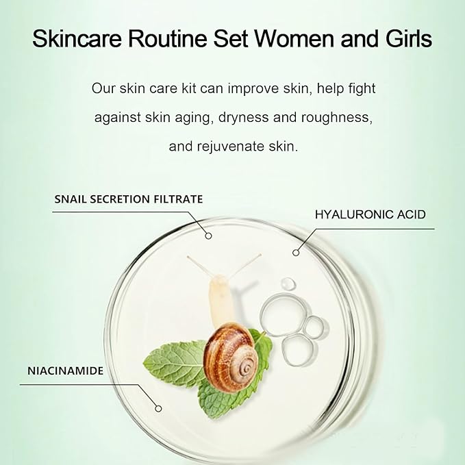 All About Snail Mucin Kit - Snail Korean Skincare 5-Pack, Snail Skin Care Products Set: Face Gel Cleanser, Essence, Cream, Toner & Eye-Cream, Facial Kit for Women and Men Hydrating & Anti-Aging
