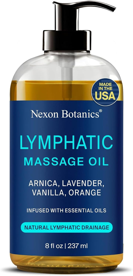 Lymphatic Drainage Massage Oil for Massage Therapy 8 fl oz - Refreshing and Relaxing - Natural Oils with Arnica, Vanilla and Lavender Oil - for Men and Women - Nexon Botanics