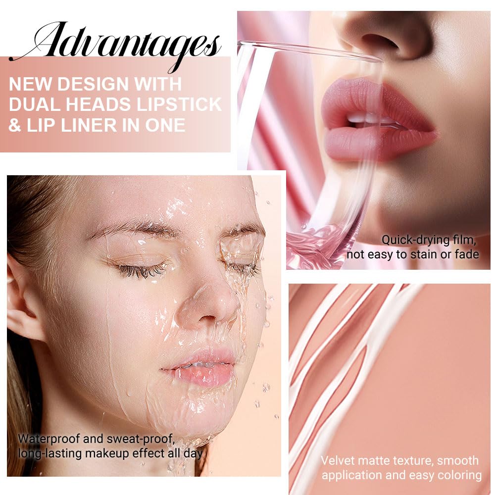 evpct 1Pcs Bright Pure Nude Pink Matte Lip Liner and Liquid Lipstick Stain Makeup Set for Women, Nude Long Lasting Smudge Proof Lipstick labiales matte mate larga duracion listip 24 hours originales