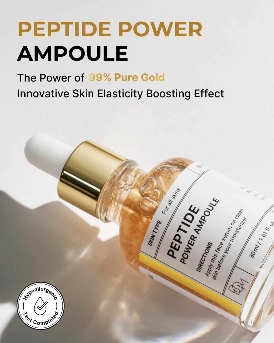BOM COSMETICS Peptide Power Ampoule 1.01 Fl Oz, Penta-Peptide with 24k Gold Thread and 99% Pure Gold for Skin Collagen Boost, Firming Serum to Improve Elasticity and Radiance, Korean Skin Care