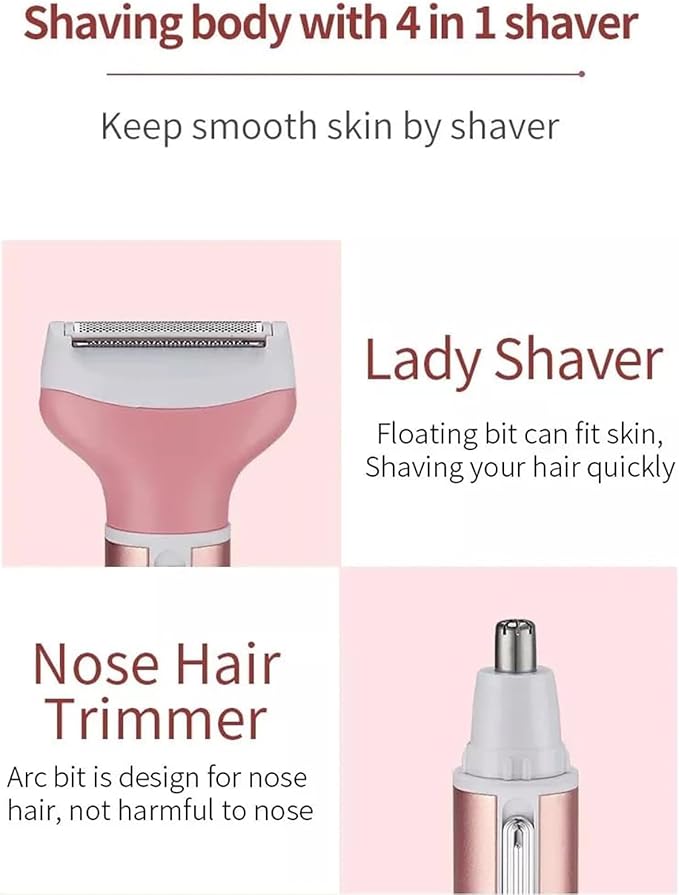 4-in-1 Electric Razor for Women - Painless Facial Hair Removal, Bikini Trimmer, Eyebrow & Body Groomer - Rechargeable Hair Clippers Set for Underarms, Legs & Nose