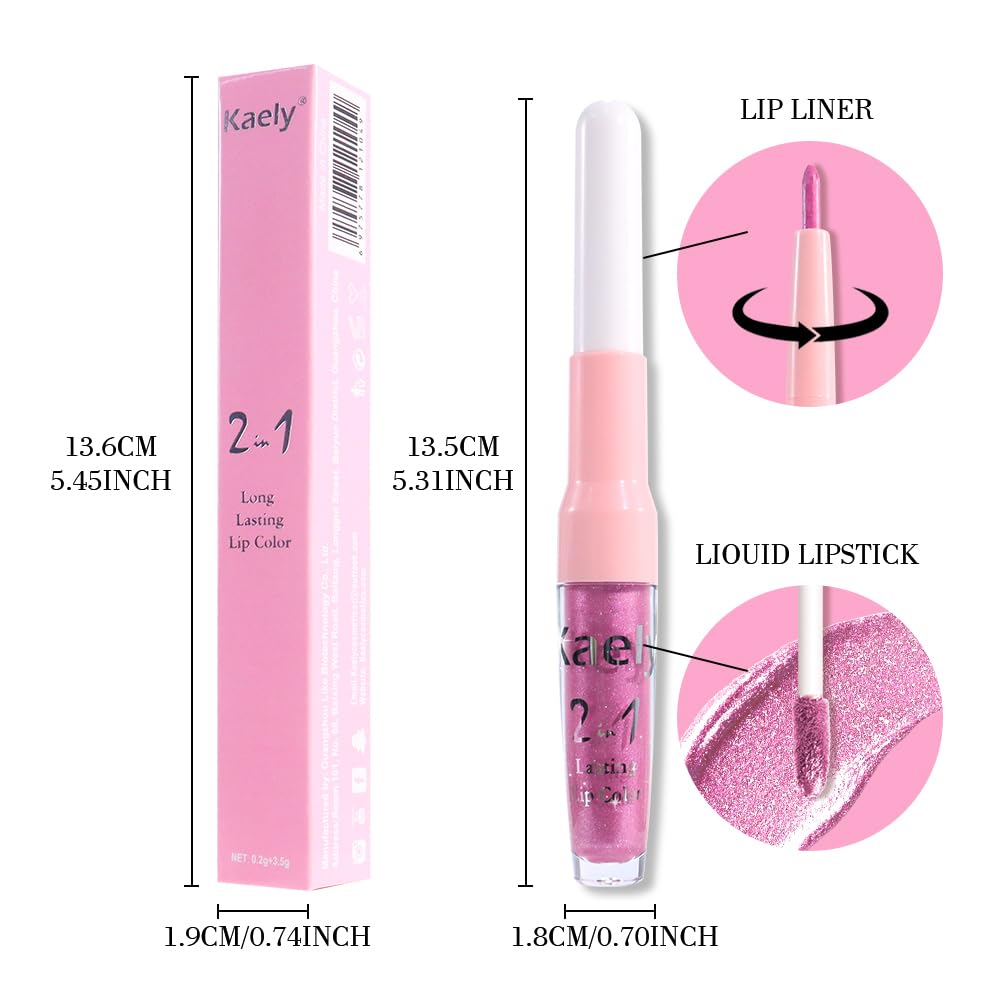 Kaely 2-in-1 Light Rose Pink Metallic Lipstick and Lip Liner, Shimmer Liquid Metallic Lipsticks for Women, Glitter Lip Gloss Stain Long Lasting Waterproof Smudge Proof 24 Hour, Vegan Makeup, 10