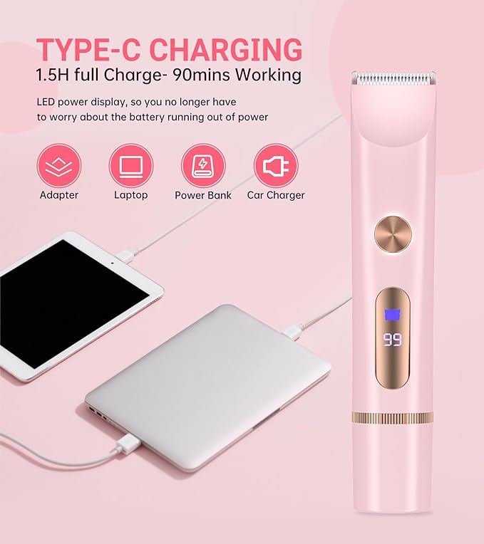 2 in 1 Bikini Trimmer for Women, Dual Head Electric Shaver with LED Display for Body Pubic Hair, IPX7 Waterproof Rechargeable Womens Electric Razor for Armpit Leg Body Facial