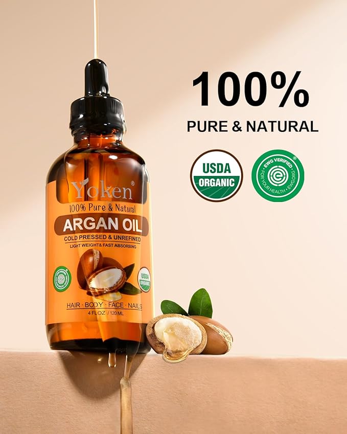 Yoken Organic Argan Oil for Hair 4 Fl Oz, USDA Pure and Natural Morocco Argan Oil, Argon Oil For Hair, Scalp, Face & Skin Care, 100% Cold Pressed Hair Conditioner, Unrefined Argon Nails Carrier Oil