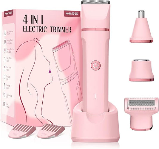 Bikini Trimmer for Women - 4 in 1 Electric Razors for Women, Waterproof Body Pubic Hair Electric Shaver for Womens, Replaceable Facial & Nose Hair Razor, Rechargeable Grooming Kit, Pink