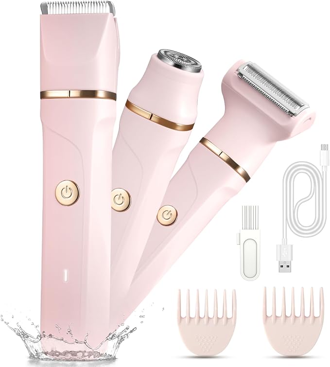 Bikini Trimmer for Women - 3-in-1 Painless Electric Razor Shaver,IPX7 Waterproof&Easy Cleaning for Pubic Hair,Face,Body with Ceramic Blades,USB Rechargeable,Wet&Dry Use(Peach)