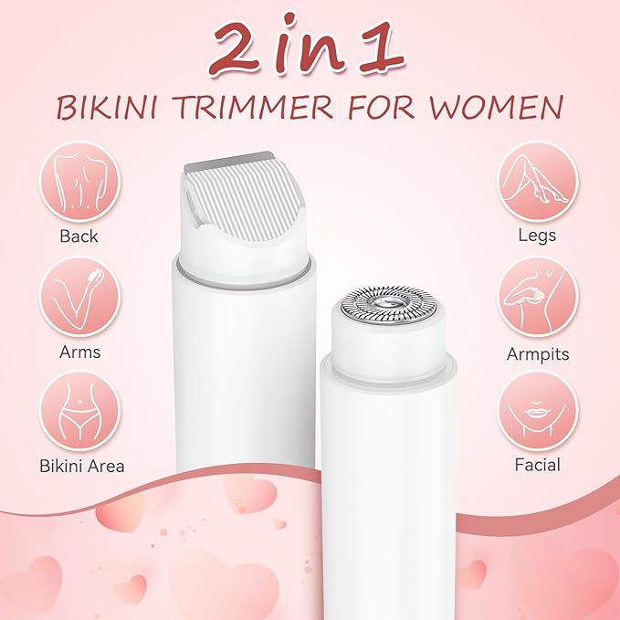 Bikini Trimmer for Women - 2 in 1 Electric Body Hair Trimmer for Silky Skin, Cordless Body Shaver for Travel, IPX7 Waterproof & Easy to Clean, Replaceable Ceramic Blade Heads (White)