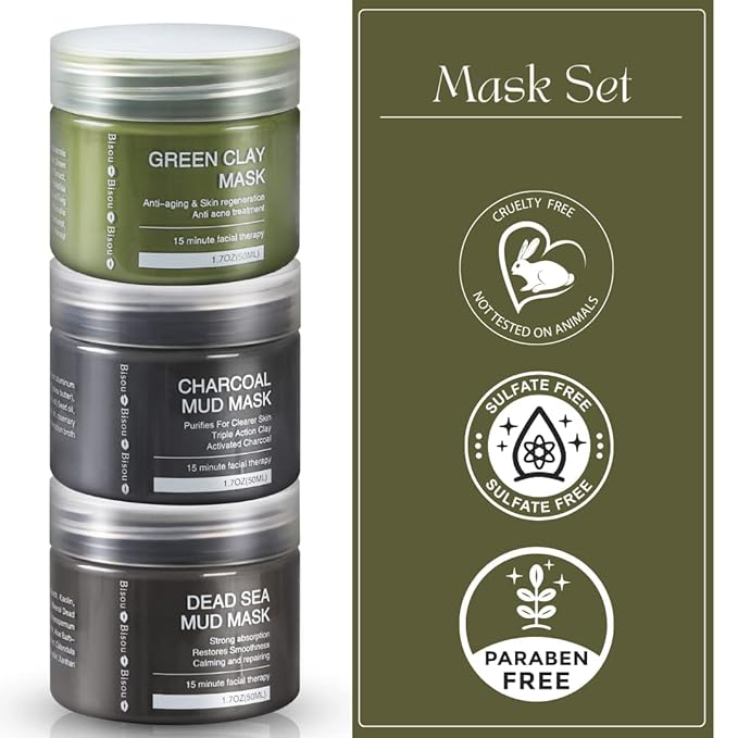 Clay, Dead Sea Mud & Charcoal Gel Face Mask Trio With Applicator, Deep cleansing Clay and Mask Applicator, Facial Therapy PH Balanced Hypo-allergenic