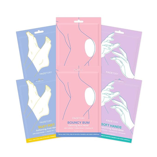 FACETORY Body Spa Sheet Mask Bundle Variety Pack of 6 with Korean Sheet Masks for Feet, Hands, and Butt - Softening, Hydrating, Nourishing, Moisturizing, for Dry, Cracked Skin