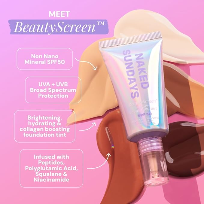 Naked Sundays BeautyScreen™ SPF 50 Mineral Peptide Foundation Tint – 2-in-1 Skin Tint & Mineral Sunscreen | Radiant, Buildable Coverage, Acne-Safe, Infused with Peptides (1 Fair Neutral, 1.01 oz)