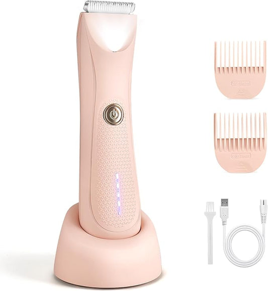 Riokko Bikini Trimmer for Women with LED Light and IPX7 Waterproof Dual Charging, Skin-Safe Cordless Pubic Hair Shaver with Battery Indicator