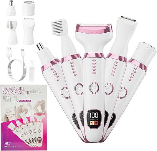 5-in-1 Electric Razor for Women - Bikini Trimmer with LED Display, Painless Hair Removal for Face, Nose, Eyebrows, Arms & Legs - Wet/Dry Rechargeable Shaver for Armpits & Pubic Area