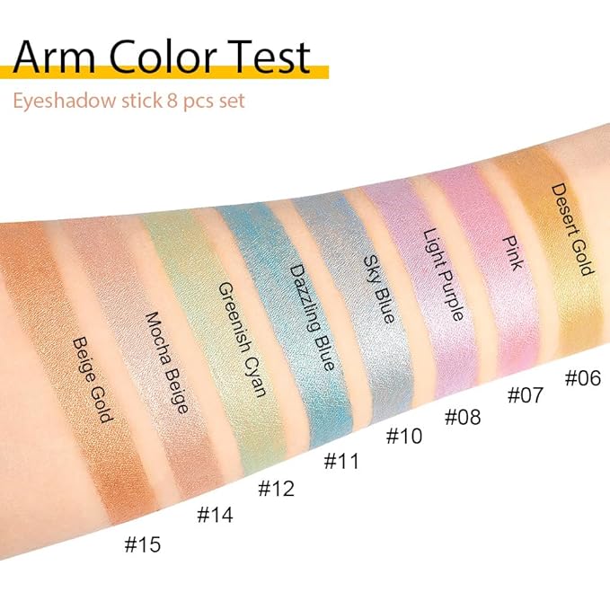 Kaely 8Pcs Cream Eyeshadow Stick Set, Desert Mocha Beige Gold Light Purple Pink Sky Dazzling Blue Geen, Shimmer Eyeliner Pencil Eye Shadow Sticks Palette Makeup for Older Women, sombras para ojos 02