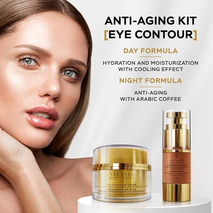 AM/PM Anti-Aging Kit Eye Contour Duo, Deep Hydration Eye Contour Cream with Cotton Stem Cells & Hyaluronic Acid (AM), Eye Contour Anti-Fatigue with Arabic Coffee for Under Eye Lines Protection(PM)