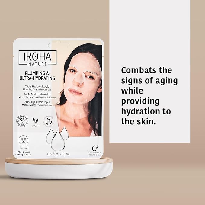 IROHA NATURE Replumping & Anti-Aging Tissue Face Mask (Pack of 15) | With Triple Hyaluronic Acid | Deep Hydration & Anti-Aging Effect | Softer, Calmer Skin | 100% Vegan