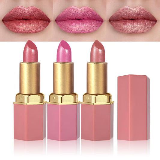 3Pcs Nude Pink Metallic Lipstick Lip Gloss for Women Set,Lightweight Shimmer Frosted Long Lasting Lipstick,Glitter Lip Stain Waterproof Smudge Proof 24 Hour Full Coverage Lip Makeup,Vegan（07,08,09)