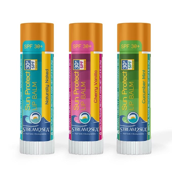 STREAM 2 SEA SPF 30 Organic Lip Balm Set, Reef Safe Cherry Vanilla, Naturally Naked and Cucumber Mint, Moisturizing + Sun Protect Outdoor Lip Balm For Beach and Sports, Paraben Free Lip Moisturizer