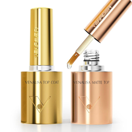 VENALISA 2 Pcs No Wipe Matte Top Coat and Glossy Gel Top Coat Set- High Shiny Long Lasting Clear Gel Nail Polish Kit, Soak Off Nail Art Home and Professional Manicure