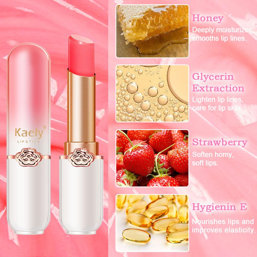 Kaely 2Pcs Strawberry Hydrating Lipstick Tinted Lip Balm, Color Changing PH Lipstick Makeup, Korean Magic Lip Stain Long Lasting Waterproof, labiales magicos 24 horas originales