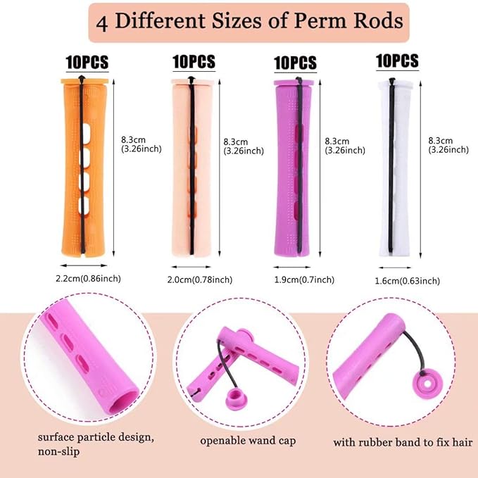 40pcs Perm Rods Set for Natural Hair 4 Sizes Cold Wave Rods Hair Rollers for Women Curling Rods for Long Medium Small Hair Curler Styling DIY Hairdressing Tools（Orange+Beige+Purple+white）